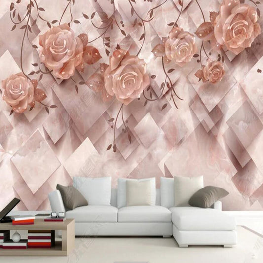 Original Pink Flowers Marble Wallpaper Wall Mural Home Decor