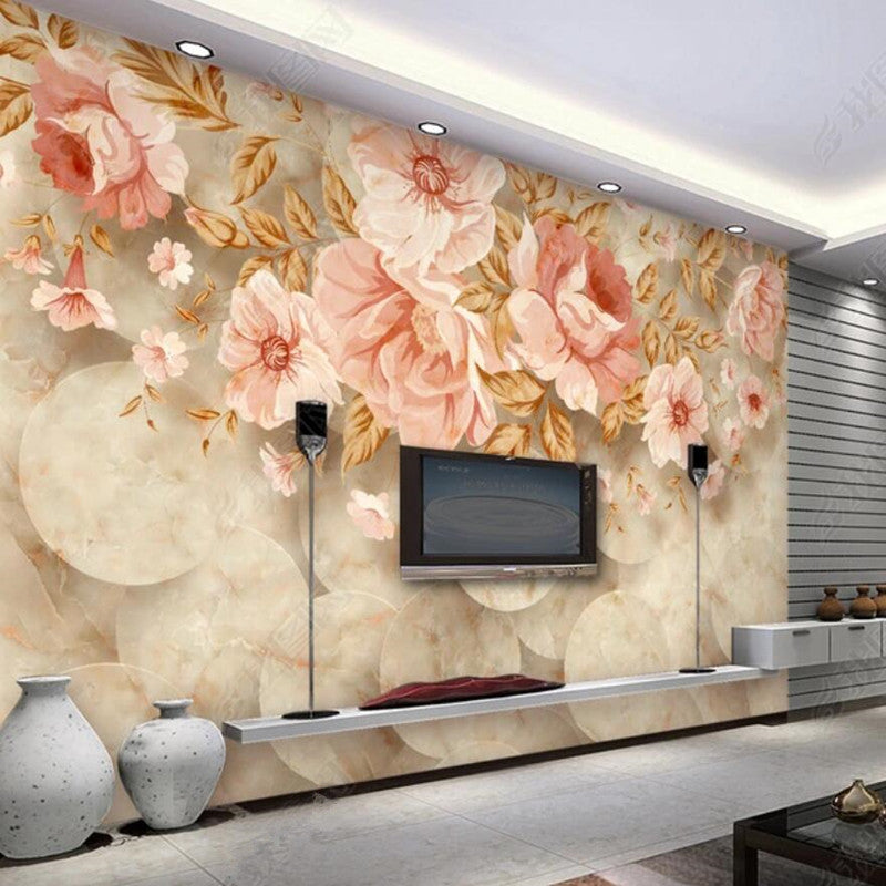 Original Marble Background with Pink Flowers Wallpaper Wall Mural Home Decor