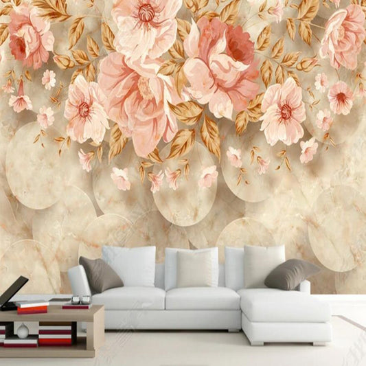 Original Marble Background with Pink Flowers Wallpaper Wall Mural Home Decor