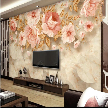 Original Marble Background with Pink Flowers Wallpaper Wall Mural Home Decor