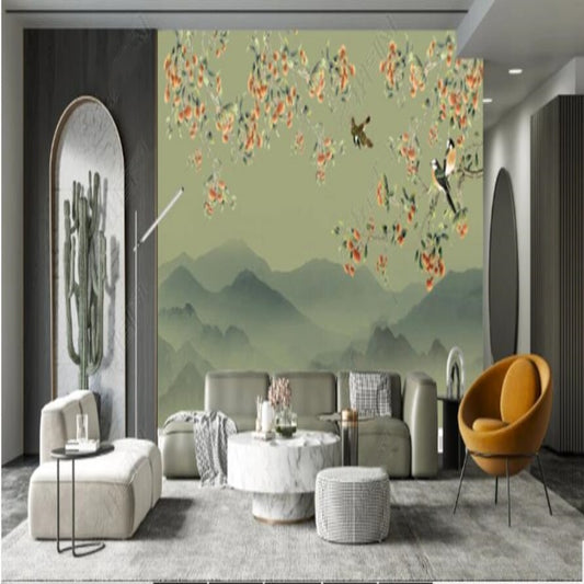 Chinoiserie Brushwork Hanging Flowers Branch with Birds Wallpaper Wall Mural Home Decor