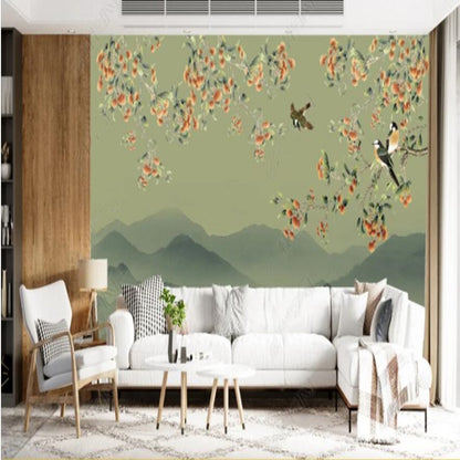 Chinoiserie Brushwork Hanging Flowers Branch with Birds Wallpaper Wall Mural Home Decor