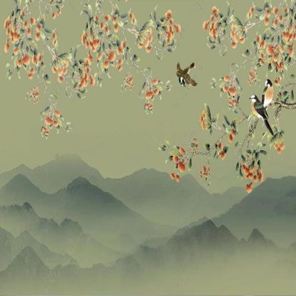 Chinoiserie Brushwork Hanging Flowers Branch with Birds Wallpaper Wall Mural Home Decor