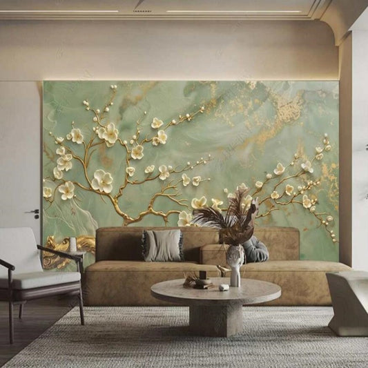 Chinoiserie Brushwork Plum Blossom Mint Green Background Wallpaper Wall Mural Home Decor