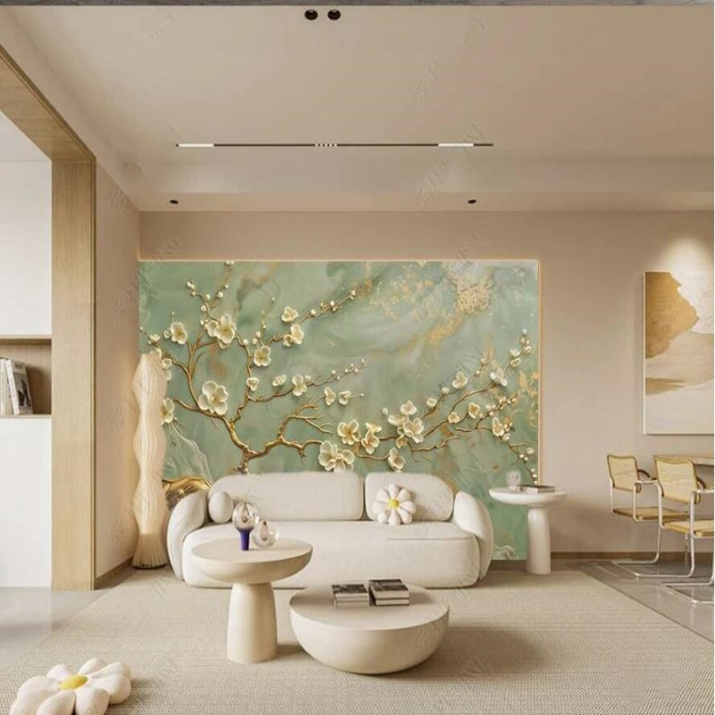 Chinoiserie Brushwork Plum Blossom Mint Green Background Wallpaper Wall Mural Home Decor