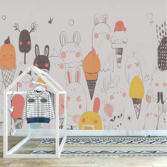 Cartoon Ice Cream and Lovely Rabbits Nursery Wallpaper Wall Mural Home Decor