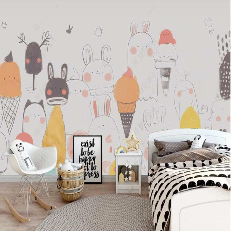 Cartoon Ice Cream and Lovely Rabbits Nursery Wallpaper Wall Mural Home Decor