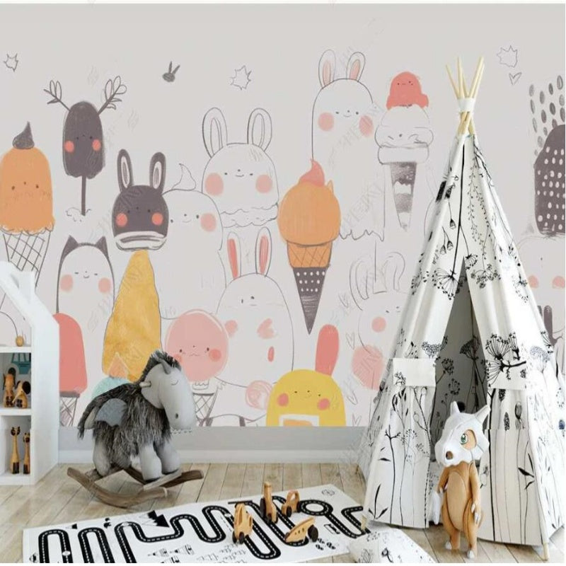 Cartoon Ice Cream and Lovely Rabbits Nursery Wallpaper Wall Mural Home Decor