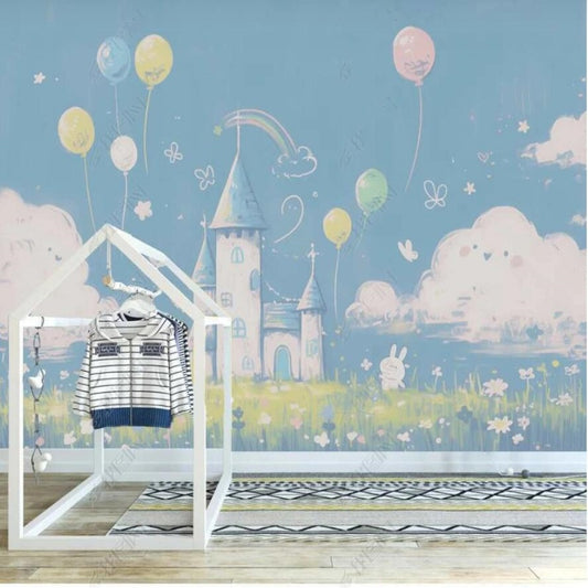 Cartoon Colorful Ho-air Balloons and Castle with White Clouds Nursery Wallpaper Wall Mural Home Decor