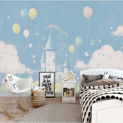 Cartoon Colorful Ho-air Balloons and Castle with White Clouds Nursery Wallpaper Wall Mural Home Decor