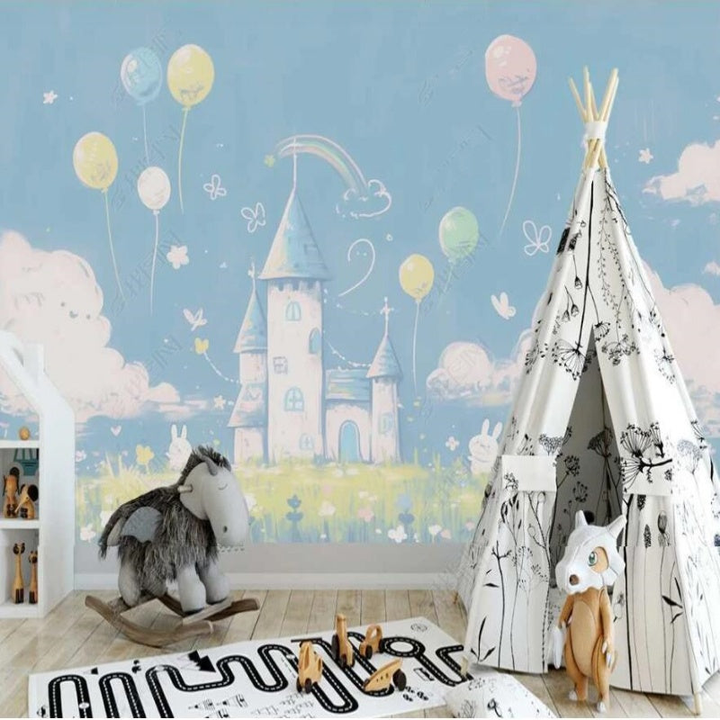 Cartoon Colorful Ho-air Balloons and Castle with White Clouds Nursery Wallpaper Wall Mural Home Decor