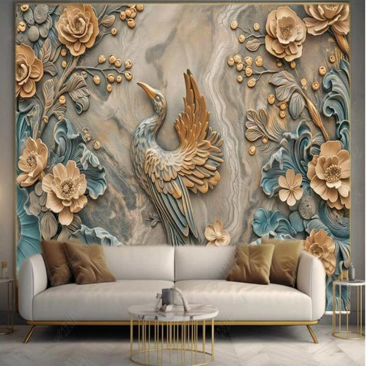 Chinoiserie Brushwork Flowers and Peacock Wallpaper Wall Mural Home Decor