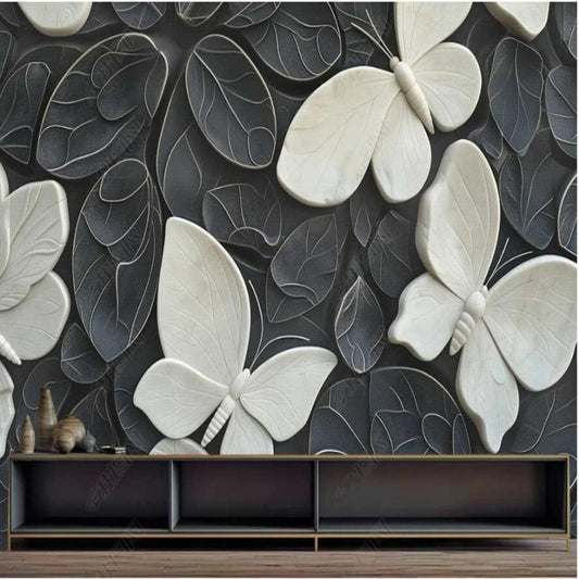 Grey Leaf and White Butterflies Wallpaper Wall Mural Home Decor