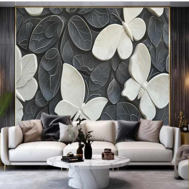 Grey Leaf and White Butterflies Wallpaper Wall Mural Home Decor