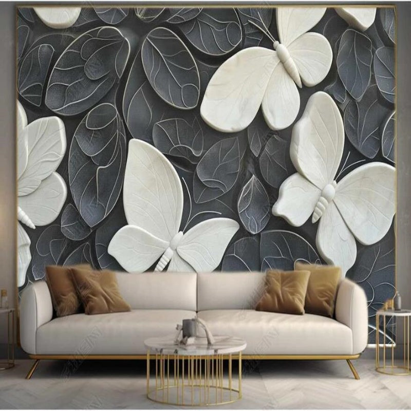 Grey Leaf and White Butterflies Wallpaper Wall Mural Home Decor