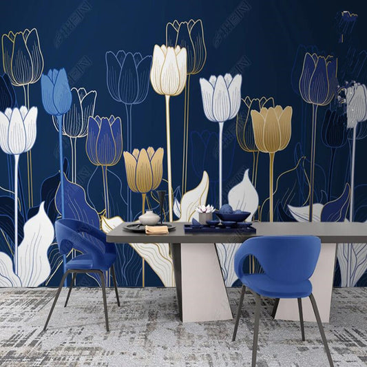 Tulip Flowers Lapis Lazuli Blue Background Floral Wallpaper Wall Mural Home Decor