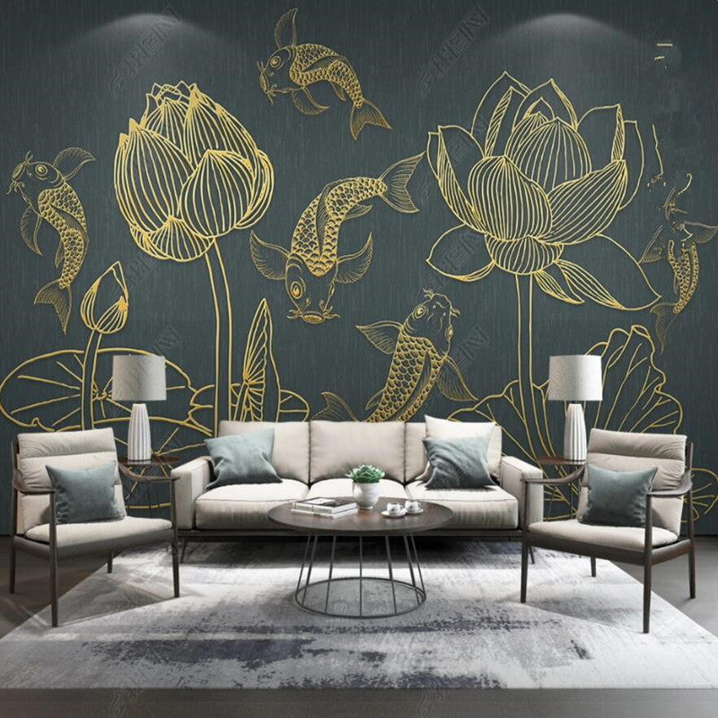 Abstract Retro Golden Lines Lotus Flowers Floral Wallpaper Wall Mural Home Decor