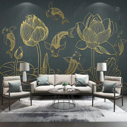 Abstract Retro Golden Lines Lotus Flowers Floral Wallpaper Wall Mural Home Decor