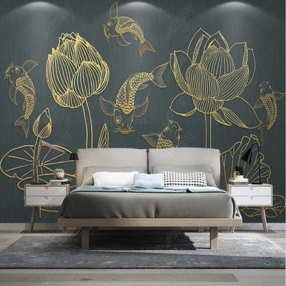 Abstract Retro Golden Lines Lotus Flowers Floral Wallpaper Wall Mural Home Decor