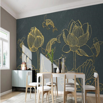 Abstract Retro Golden Lines Lotus Flowers Floral Wallpaper Wall Mural Home Decor