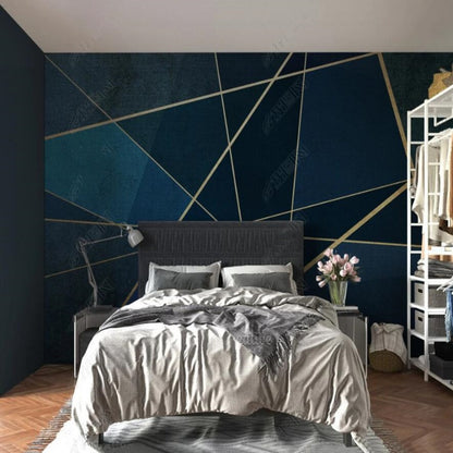 Dark Green Geometric Golden Lines Wallpaper Wall Mural Home Decor