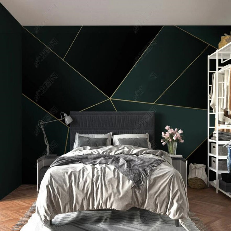 Dark Green Geometric Golden Lines Wallpaper Wall Mural Home Decor