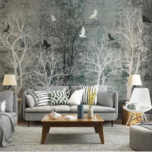 Original Retro Gray Trees Forest Wallpaper Wall Mural Home Decor