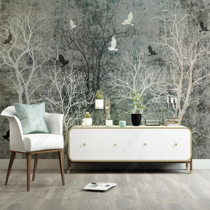 Original Retro Gray Trees Forest Wallpaper Wall Mural Home Decor