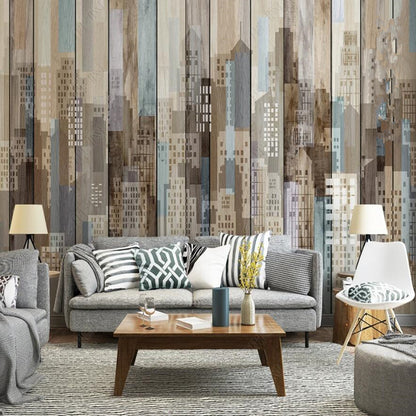 Original Modern Wooden Board Grain Urban Architecture Wallpaper Wall Mural Home Decor