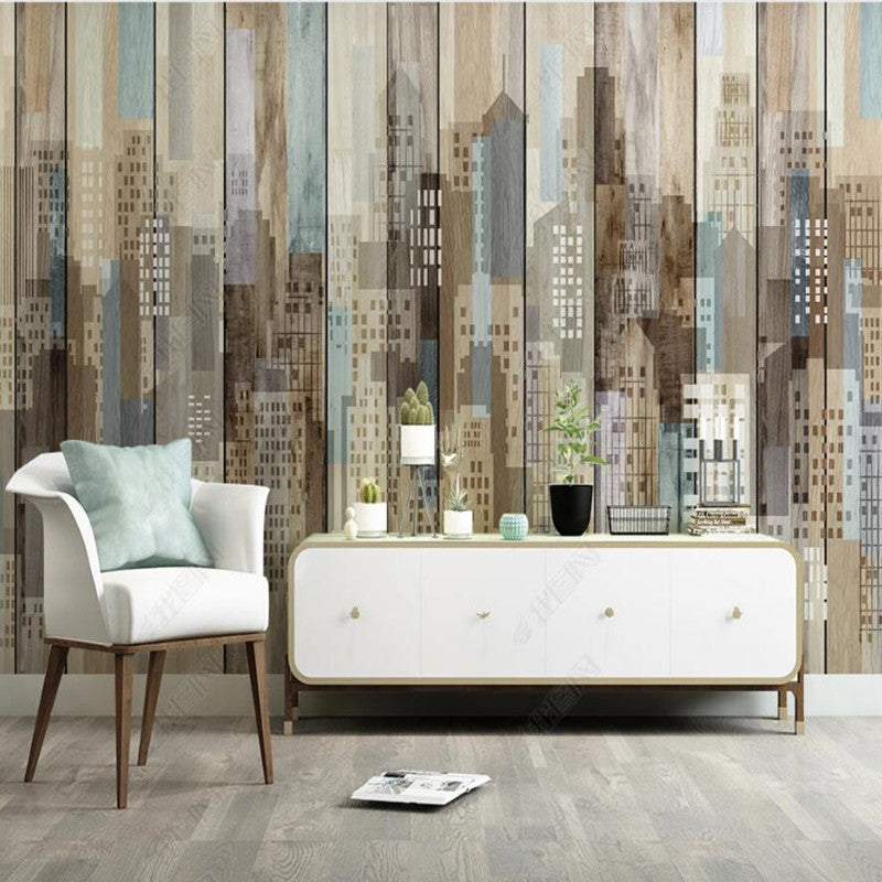 Original Modern Wooden Board Grain Urban Architecture Wallpaper Wall Mural Home Decor