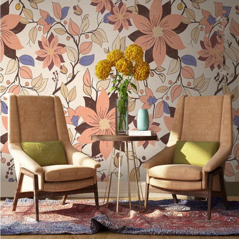 Retro Minimalist Flowers Leaves Floral Wallpaper Wall Mural Home Decor