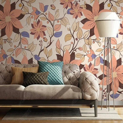 Retro Minimalist Flowers Leaves Floral Wallpaper Wall Mural Home Decor