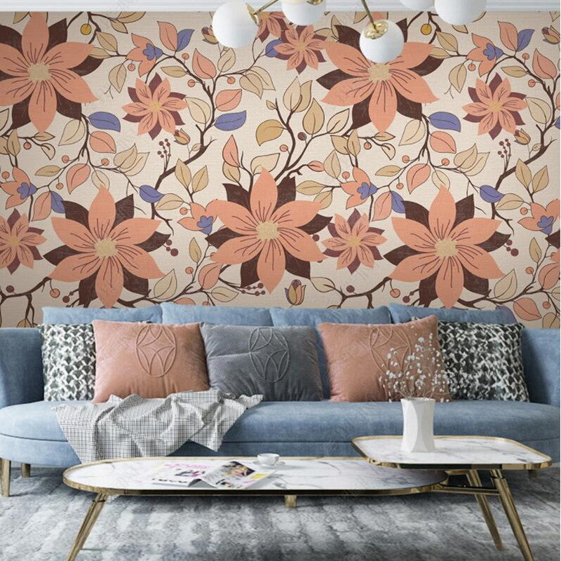 Retro Minimalist Flowers Leaves Floral Wallpaper Wall Mural Home Decor