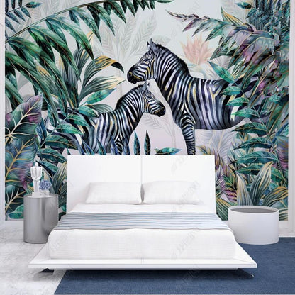 Tropical Plants Forest Animals Zebra Leaves Nursery Wallpaper Wall Mural Home Decor