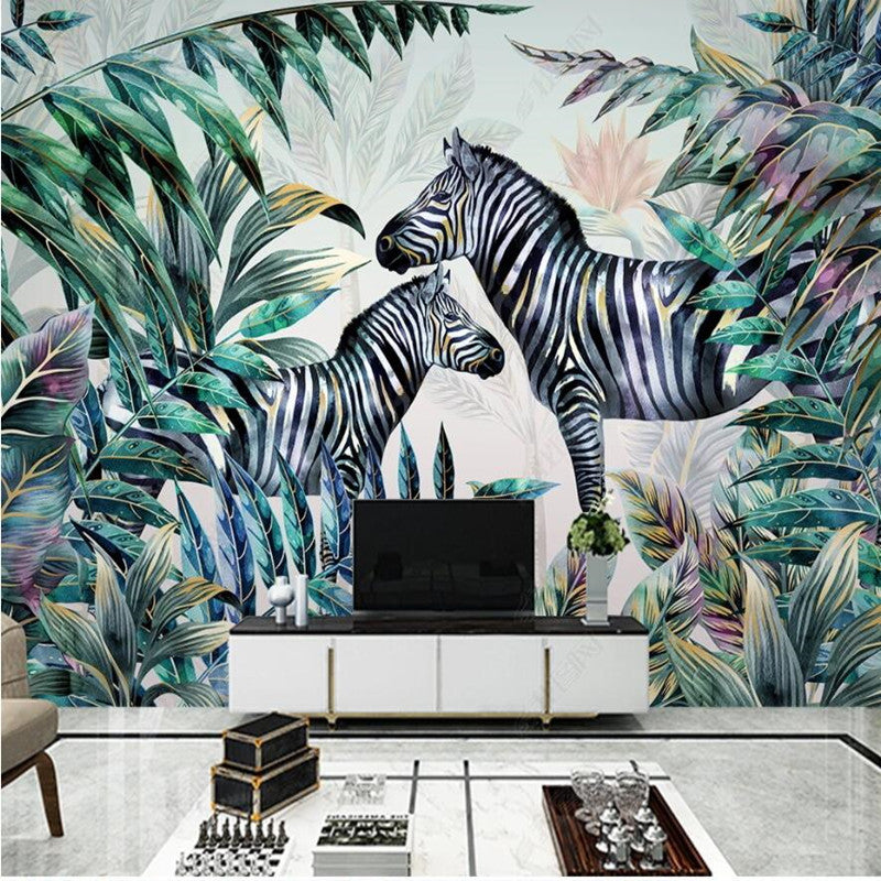 Tropical Plants Forest Animals Zebra Leaves Nursery Wallpaper Wall Mural Home Decor