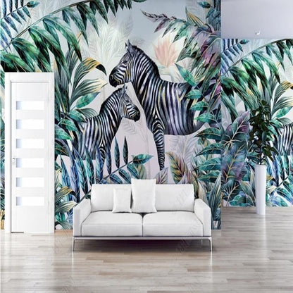 Tropical Plants Forest Animals Zebra Leaves Nursery Wallpaper Wall Mural Home Decor