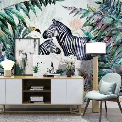 Tropical Plants Forest Animals Zebra Leaves Nursery Wallpaper Wall Mural Home Decor