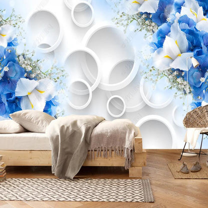 Dream Circle 3D Blue Flowers Wallpaper Wall Mural Home Decor