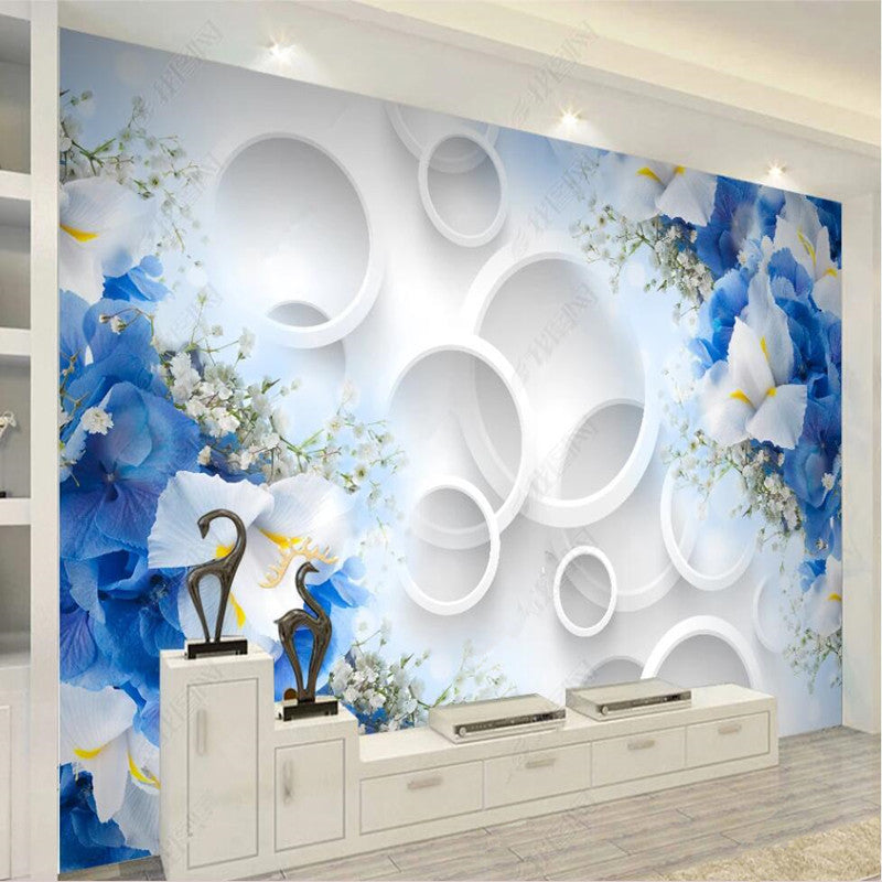 Dream Circle 3D Blue Flowers Wallpaper Wall Mural Home Decor