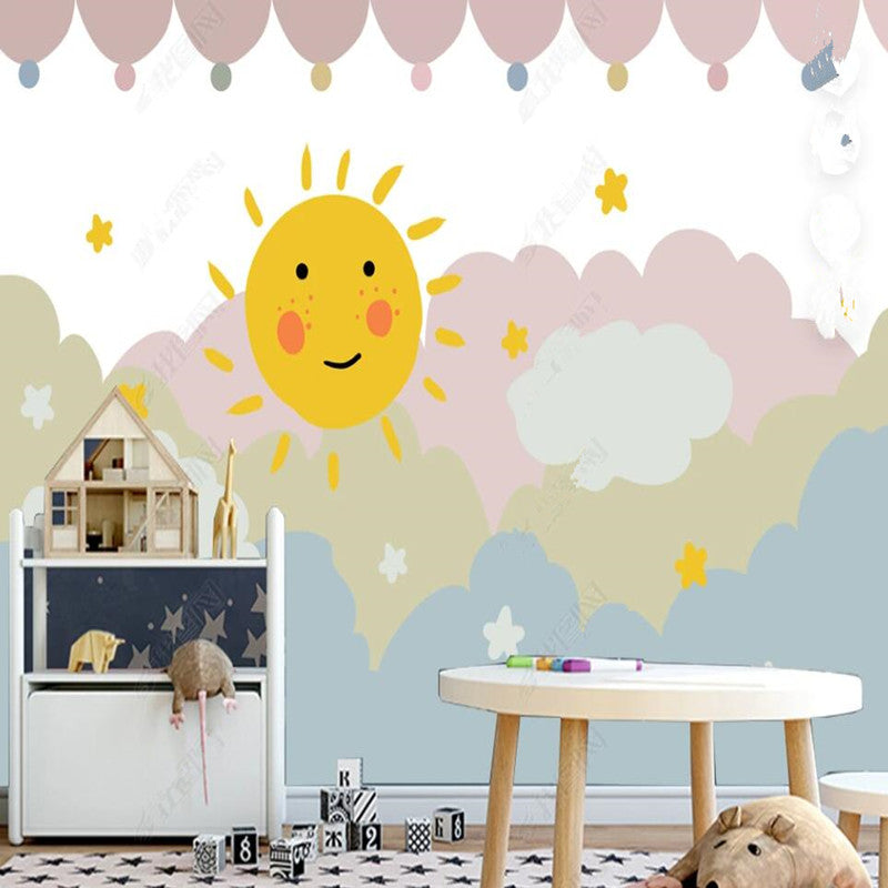 Cartoon Nursery Sun Stars Clouds Nursery Wallpaper Wall Mural Home Decor