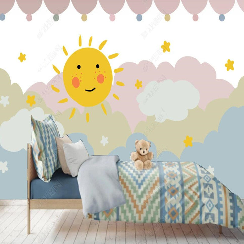 Cartoon Nursery Sun Stars Clouds Nursery Wallpaper Wall Mural Home Decor