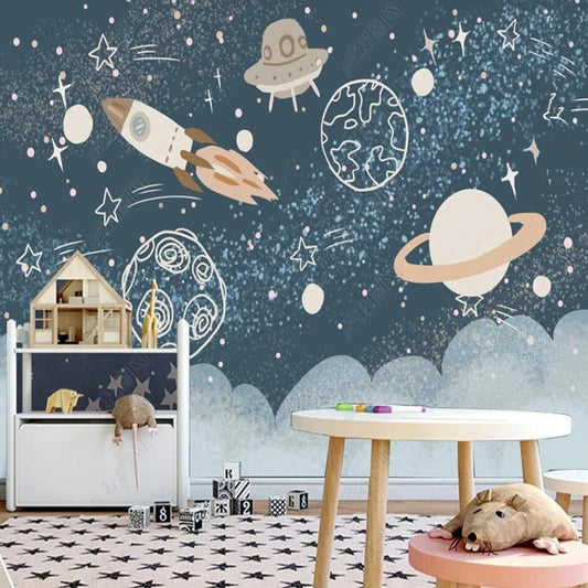 Cartoon Universe Rocket Starry Planets Wallpaper Wall Mural Home Decor