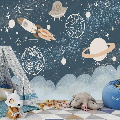 Cartoon Universe Rocket Starry Planets Wallpaper Wall Mural Home Decor