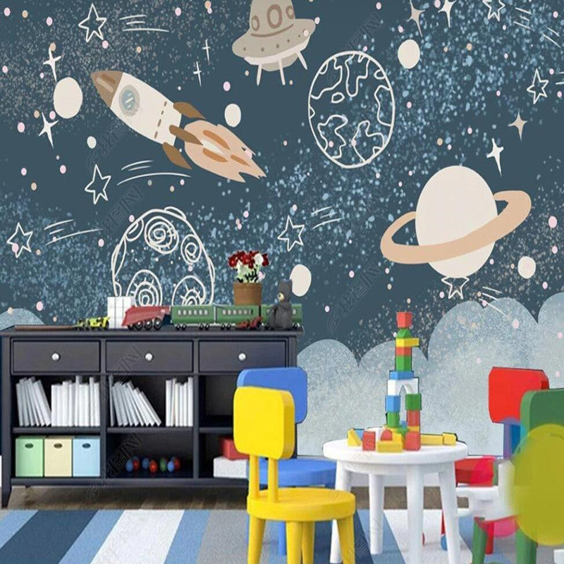 Cartoon Universe Rocket Starry Planets Wallpaper Wall Mural Home Decor