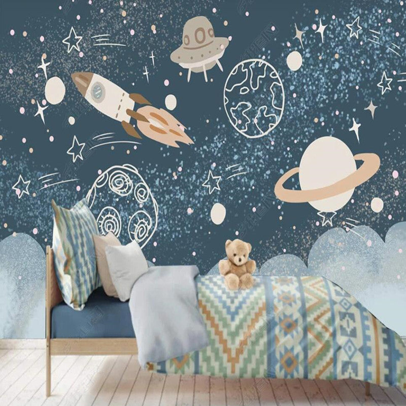 Cartoon Universe Rocket Starry Planets Wallpaper Wall Mural Home Decor