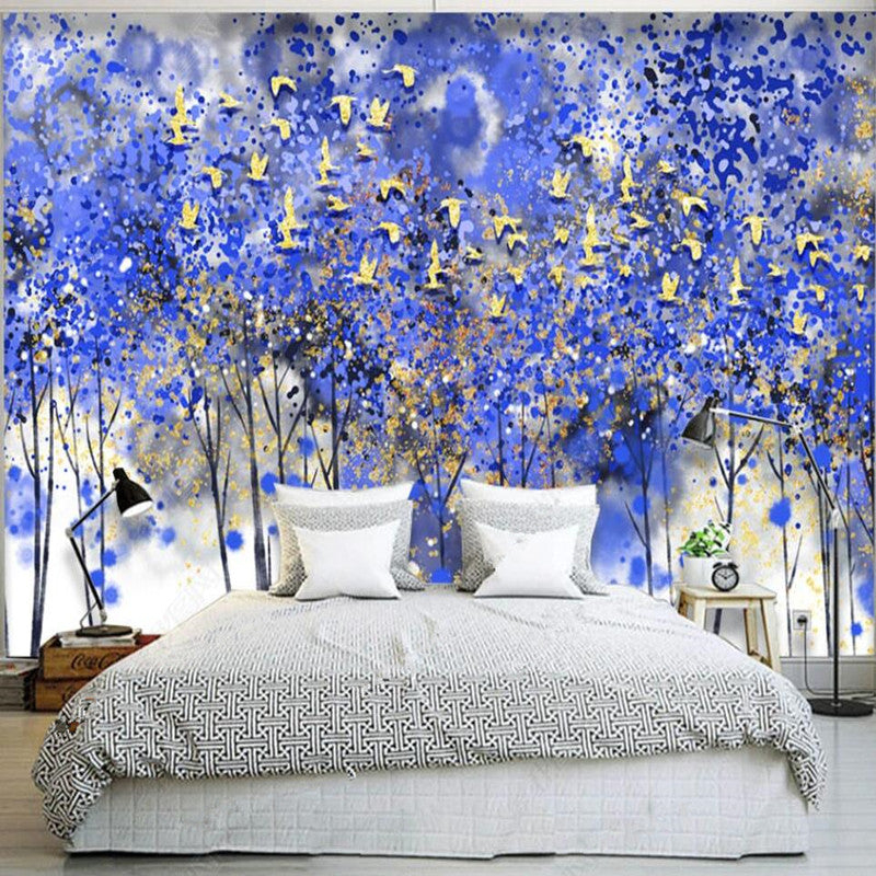 Blue Painting Trees Golden Birds Wallpaper Wall Mural Home Decor