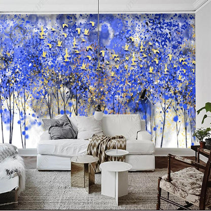 Blue Painting Trees Golden Birds Wallpaper Wall Mural Home Decor