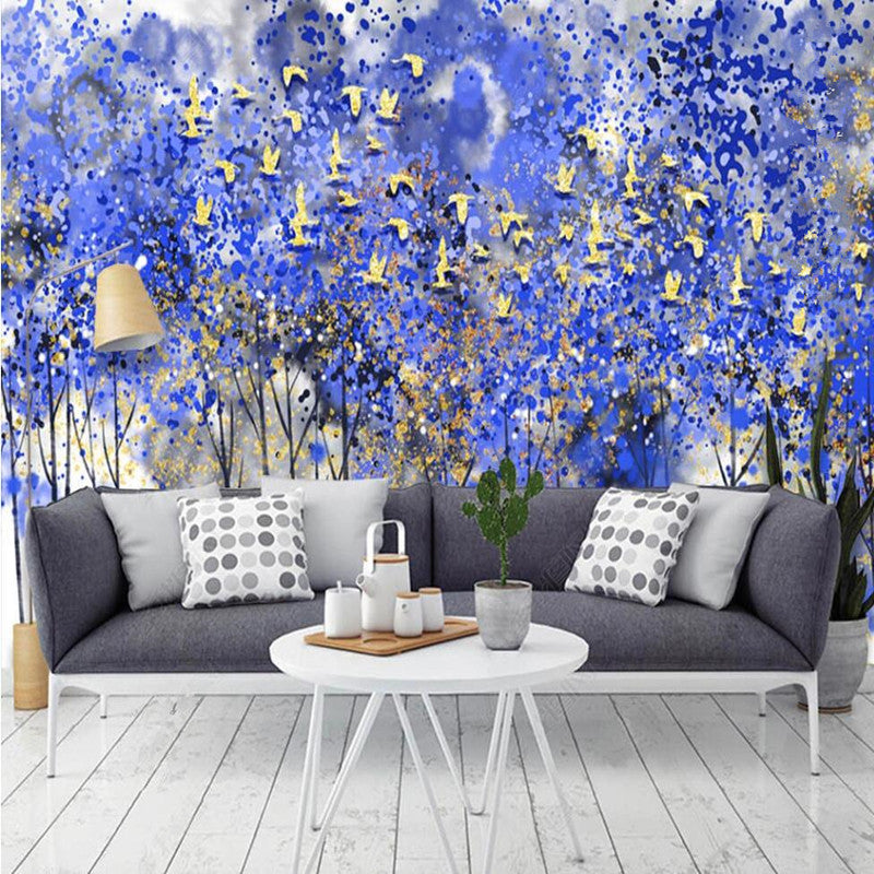 Blue Painting Trees Golden Birds Wallpaper Wall Mural Home Decor