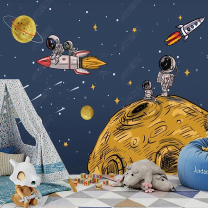 Cartoon Space Astronaut Spacecraft Universe Rocket Planets Wallpaper Wall Mural Home Decor