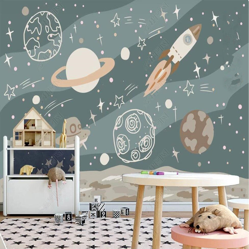 Original Cartoon Spaceship Universe Rocket Planets Wallpaper Wall Mural Home Decor